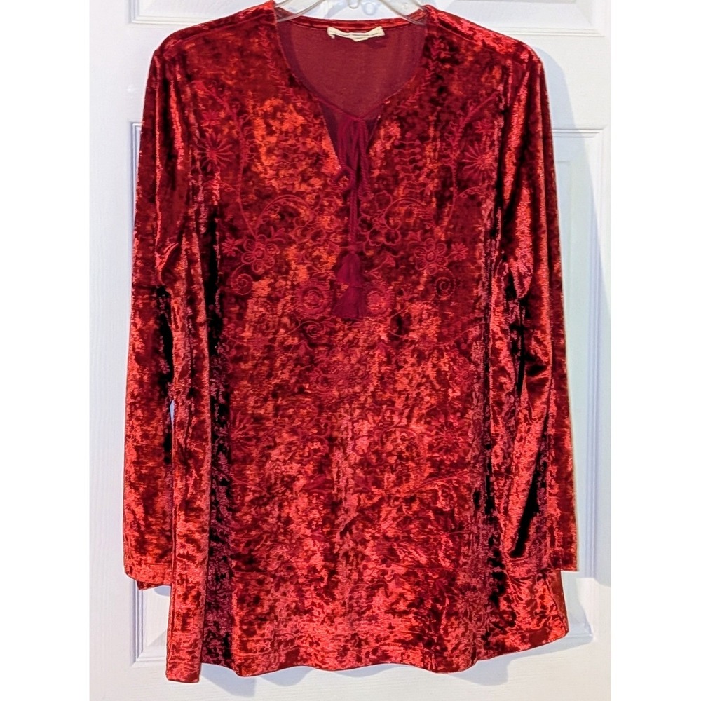Indigo‎ Thread Co Velvet Embroidered Tunic Top Red Tassel Tie Size XL NWOT $59